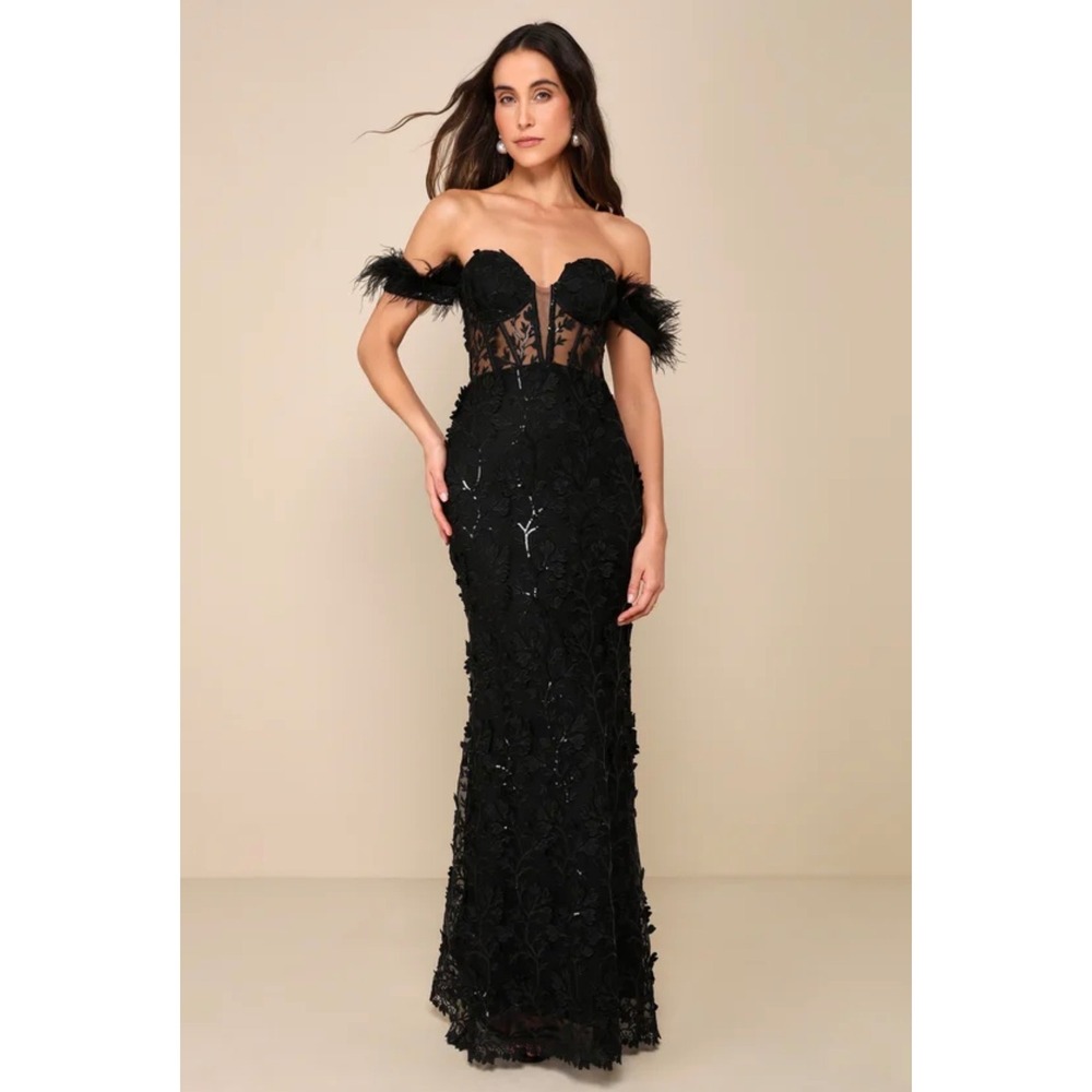 NWT Lulus Midnight Sparkle Black Embroidered Feather Bustier Maxi Dress M Formal